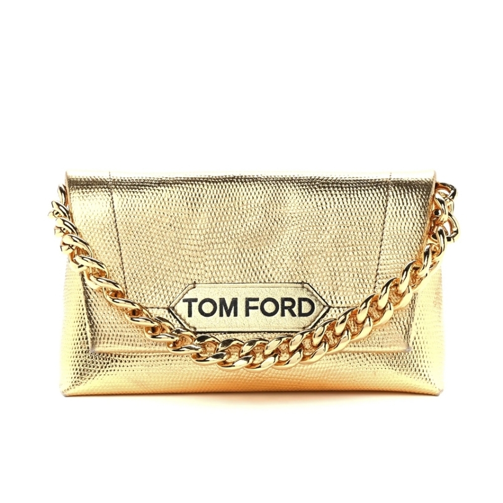 Tom Ford Lizard Embossed Metallic Mini Label Shoulder Bag In Gold